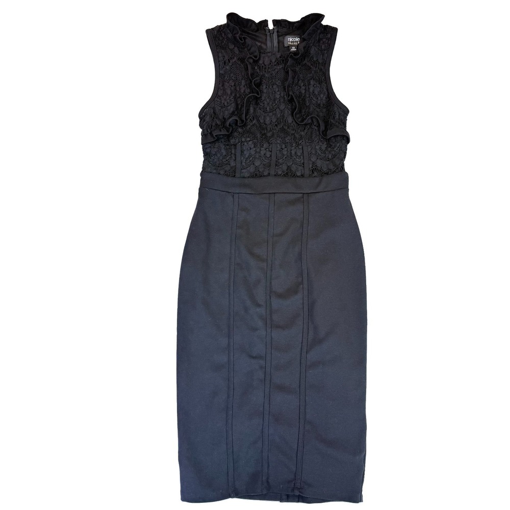 Nicole Miller Black Lace Midi Dress XS Ruffle Romantic Cocktail Bodycon Sheath - Picture 2 of 12